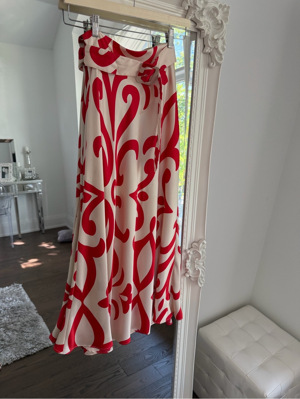 Mango Cream Maxi Skirt with Bold Red Scroll Print